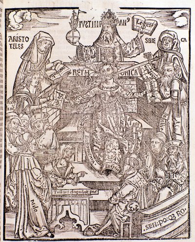 Os ramos do conhecimento representados por Aristóteles (canto superior esquerdo) representam a Filosofia Natural, com Sêneca representando a Filosofia Moral à direita, o Imperador Justiniano (centro superior). A mulher do centro tem uma espada e um ramo fl de Unknown artist