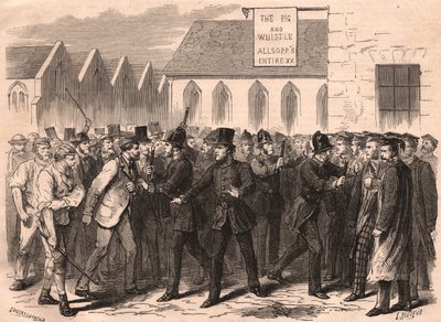 Briga entre os estudantes da Universidade de Oxford e trabalhadores em uma rua de Oxford, Inglaterra de Unknown