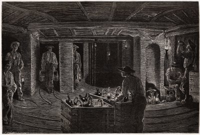 Café da manhã na mina, distribuição e consumo de cestas básicas para os mineiros nas galerias de mineração de carvão do Creusot. Gravura para ilustrar uma viagem ao Creusot e às minas de Saone e Loire, em 1865, por L. Simonin, em "Le tour du monde, no de Unknown artist