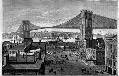 Ponte de Brooklyn. Começa em 1869, em construção no momento da gravura, será concluída em 1883. Nova Iorque (Nova Iorque), Estados Unidos (Estados Unidos). Gravura em "La Nature: Revue des sciences et de leurs applications aux arts et a l