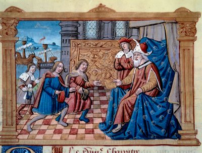 Os irmãos Nicolo e Matteo Polo, pai e tio do jovem Marco Polo (1254-1324) foram recebidos na corte do Qubilai (Kubilai Khan, primeiro imperador da dinastia Yuan mongol (1215-1294), imperador mongol em 1271. Miniatura tirada de "The B de Unknown artist