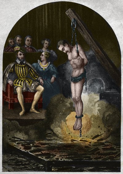 Câmara de queima (corte) Sob o Rei Henrique II (1519-1559) na presença de Catarina de Medicis (Caterina de Medici). Gravura de 1842 em "Histoire des popes" de Maurice Lachatre. Coleção particular. de Unknown artist
