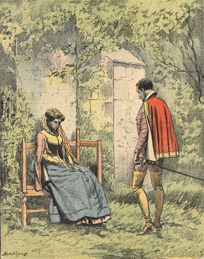 Bussy and Diane, conhecida como Madame de Monsoreau, no jardim pronto da Igreja, Ilustração do romance "La Dame de Monsoreau" de Alexandre Dumas no "Journal des novels populaires illustrés". de Unknown artist