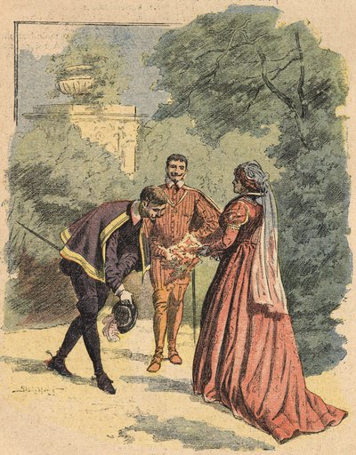Jeanne, acompanhada por São Lucas, cumprimenta no parque. Ilustração do romance "La Dame de Monsoreau" de Alexandre Dumas, no "Journal des novels populaires illustrés". de Unknown artist