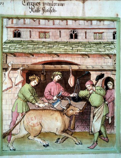Carnificina: abate de um boi. Iluminação a partir da ordenha de medicamentos e dietética "Tacuinum sanitatis". de Unknown artist