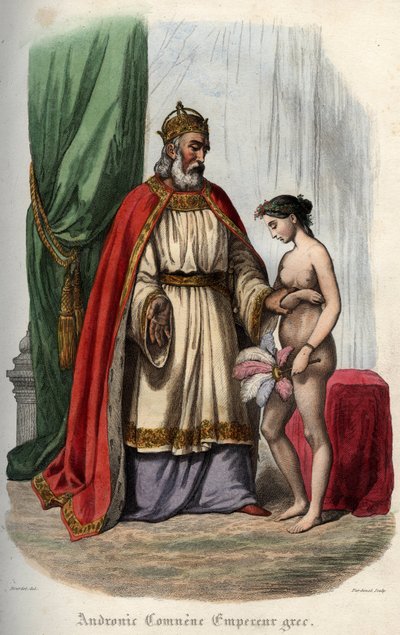 Imperador bizantino Andronikos I Komnenos (ou Andronicus I Comnenos (c. 1118-1185) (Andronic I Comnene) e sua esposa Agnes da França (1171-1240), que é forçada a aparecer nua para sua orgia. Gravura de 1842 em "Histoire des popes" de Maurice Lachatre. Pri de Unknown artist