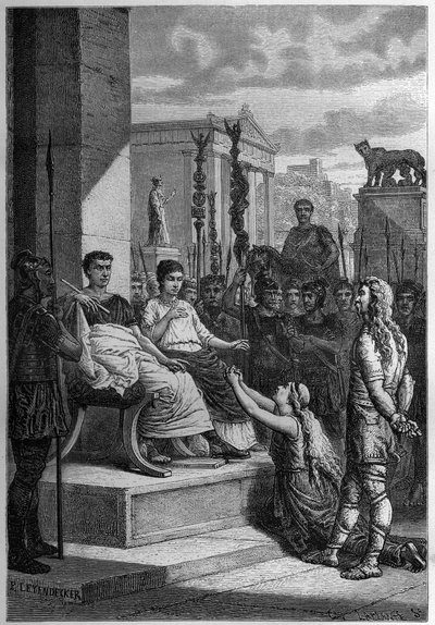 CAPTIVIDADE DE CHAMACUS - Caratacus (Caratacos, Caratacus) em cativeiro com sua família se dirige ao Imperador Romano Cláudio (Cláudio I) (10 AC-54 AD) - Gravura em "L