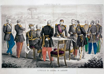 Campanha da Itália 1859: Conselho de Guerra de Cassano, que assiste à reunião de Vittorio Emanuele II (Victor-Emmanuel ou Victor Emmanuel) e do Imperador Napoleão III. Coleção Particular de Unknown artist
