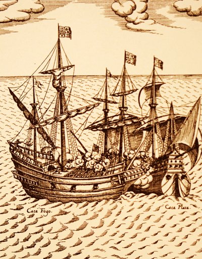 Captura do galeão espanhol Cagafuego pelo Golden Hind liderado por Francis Drake em Março de 1579 (gravura) de Unknown artist