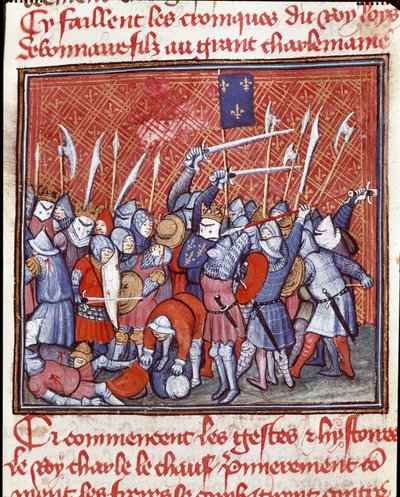 Dinastia Carolíngia: "Rei carolíngio Carlos II diz que o careca (823-877) durante uma batalha" Miniatura tirada de "Les grandes Chronicles de France" Chantilly do século XIV, Musee Conde de Unknown artist