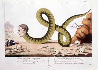 Desenho animado sobre Napoleão que eu representei como uma cobra. Cobra da África sob as armas, na França ele veio primeiro para cobrir a sua nudez; flagelo da pátria e da humanidade, o monstro só vivia com sangue e lágrimas. - em Napoleão I, caricaturas,  de Unknown artist