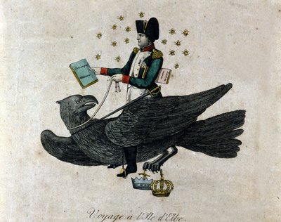 Desenho animado sobre Napoleão sobre o seu exílio na ilha de Elba. Napoleão numa águia segura na mão direita um livro intitulado Military Conscription. Gravura do período. de Unknown artist