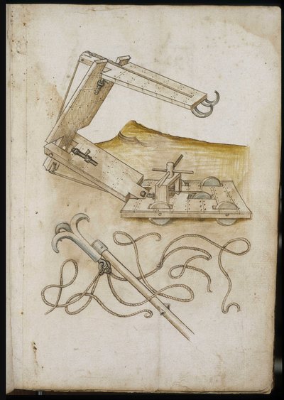 Catapulta e sistema de gancho - Manuscrito: folha de pergaminho de um manual de engenharia para a construção de edifícios civis, religiosos e militares, anónimo, final do século XV (figura em tinta chinesa) de Unknown artist