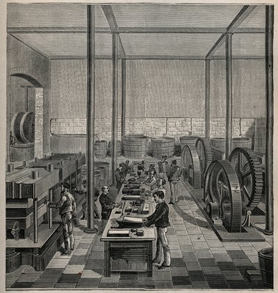 Celluloid: fabricação de celuloides. Gravura de 1885 em "Les arts et metiers illustres" de Adolphe BITARD. de Unknown artist