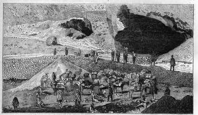 Mina de prata de Cerro de Pasco no Peru: transporte de minério nas costas de Mulet. Gravura em "La Nature". de Unknown artist