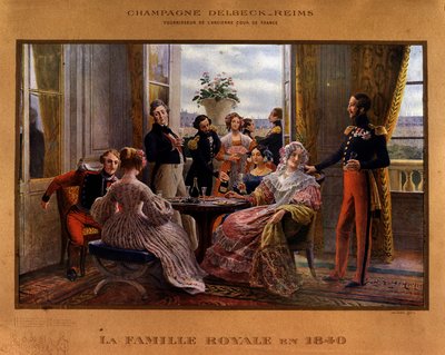 Champanhe servido na mesa real em 1840 - Cartaz publicitário para o champanhe Delbeck "Fornecedor da antiga corte da França", finais do século XIX de Unknown artist
