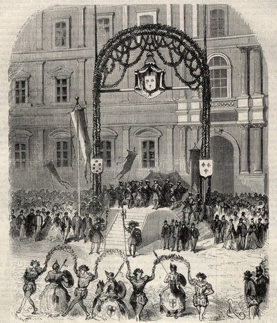 Festas de caridade em Marselha comemorando a chegada de François I onde conheceu o Papa Clemente VII: farandole dansee place saint Ferreol (Saint-Ferreol) diante da tribuna grande do Rei François I. Gravura em "L