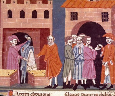 Caridade na Idade Média: "assistência pública". Cena da caridade e da assistência aos pobres. Miniatura da escola florentina tirada da tradução italiana do "Pater noster" do notário florentino Ser Zucchero Bencivenni, início do 14º ano. de Unknown artist