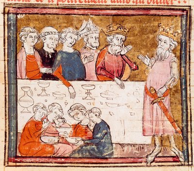 Carlos Magno (742-814) e seu sobrinho, o cavaleiro Roland, num banquete onde o pobre Miniatur de "Grandes Crônicas da França" 1375-1379 Biblioteca Municipal, Castres de Unknown artist