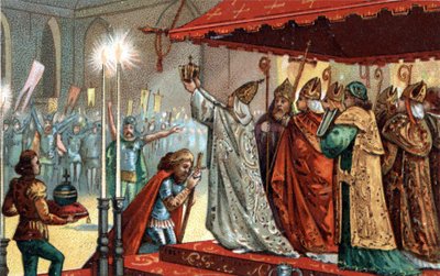 Carlos Magno (742-814) coroado pelo Papa Leão III (c750-816) na basílica de São Pedro, em Roma, em 25 de dezembro de 800 - Sagrado (Coroação) de Carlos Magno (742 - 814) em 800 pelo Papa Leão III. de Unknown artist