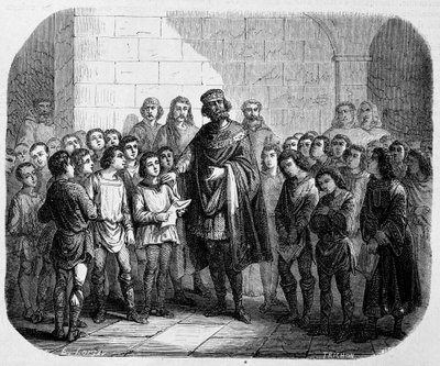 Carlos Magno visitando uma escola - em "História de Papas, Reis, Rainhas, Imperadores, através dos séculos" por Maurice Lachatre de Unknown artist