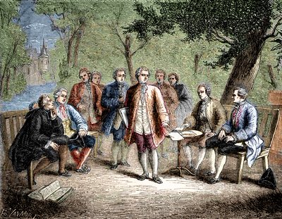 Charles de Secondat Montesquieu com o cenáculo científico do Castelo de Clairac, França - Le cenacle scientifique du chateau de Clairac: Montesquieu et le baron de Secondat, son, le chevalier de Vivens, Romas et les freres Dutilh - in "Album de la Science; de Unknown artist