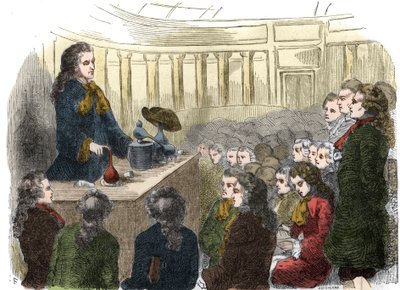 Curso de Química por Guillaume-Francois (Guillaume Francois) Rouelle (1703-1770), químico francês, na Academia de Ciências em 1744. Gravura a partir de 1861. de Unknown artist