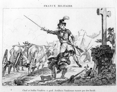 Chefe e soldado a pé. Artilharia vendeana arrastada por bois. Gravura do século XIX. de Unknown artist