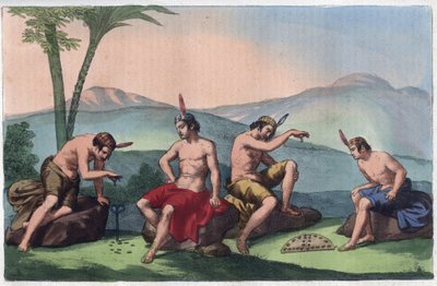 Índios chilenos nativos jogando Queciu e Porotos, Chile - gravura de "Usos e costumes de todos os povos do Universo". Ou melhor, a história do governo, das leis, das milícias, da religião de todas as nações desde os tempos mais remotos até aos nossos dias. de Unknown artist