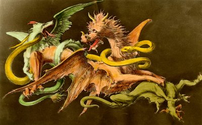 Chimeres Um dragão a lutar contra dois monstros. Gravura do século XIX. de Unknown artist