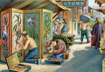 Plumassiers chineses que trabalham na rua: eles fazem painéis ou telas usando uma agulha e penas. Cromolitografia do século XIX de Unknown artist