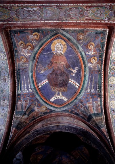 Cristo do apocalipse à espada de dois gumes que vem da boca, fresco do século XIII de Unknown artist