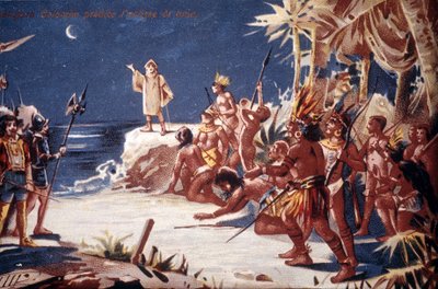 Cristóvão Colombo previu o eclipse da lua para os índios. A cromolitografia do século XIX. de Unknown artist