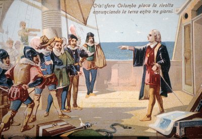 Cristóvão Colombo impediu a revolta da tripulação ao anunciar a terra em três dias. Cromolitografia do século 19. de Unknown artist