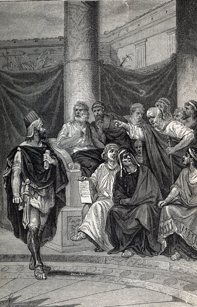 Cineas importante conselheiro do rei Pirro tentando negociar com os romanos após a Batalha de Heraclea 280 AC, Engraving 1884 de Unknown artist