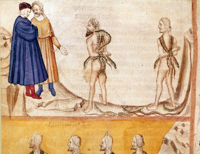 Círculo de Ladrões: Vanni Fucci (século XIII) previu para Dante e Virgil a derrota dos White Guelfs. Página iluminada ilustrando a 24ª canção do Inferno desenha da "Divina Commedia" de Dante Alighieri (1265-1321). Século XIV, Veneza, Bibliotec de Unknown artist