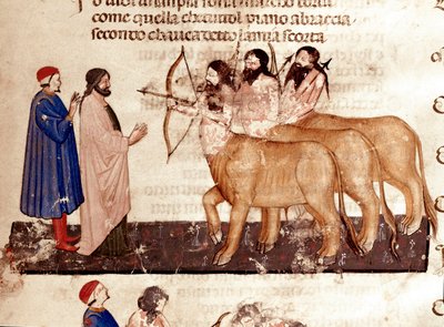 Círculo de Violentos: Dante e Virgil encontram armas de arcos e flechas Centauros. Página iluminada ilustrando a 7ª canção do Inferno da "Divina Commedia" de Dante Alighieri (1265-1321). Século XIV, Veneza, Biblioteca Marciana de Unknown artist
