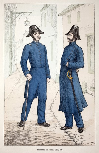 Sargentos da cidade (1829-1830). Gravura colorida, para ilustração do livro "Histoire du corps des gardiens de la paix" publicado sob os auspícios de Louis Lepine (1846-1933) prefet de police de la Seine, de Alfred Rey (1864-?) e Louis Feron (1862-?) de Unknown artist