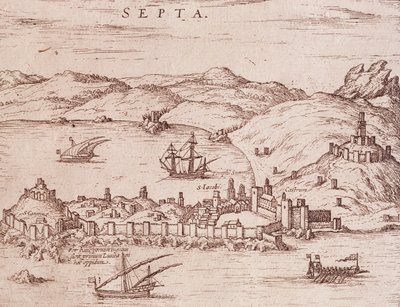 Cidade de Septa (Ceuta) durante o início dos anos 1600, gravura, Marrocos de Unknown artist
