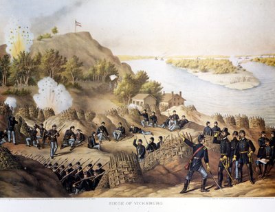 Guerra Civil (1861 - 1865), Guerra Civil Americana. Cerco de Vicksburg (na fronteira de Arkansas e Mississippi), a cidade foi tomada pelo General Grant (e pelos nortenhos), a cidade caiu após quarenta dias de cerco (19 de maio a 4 de julho de 1865). de Unknown artist