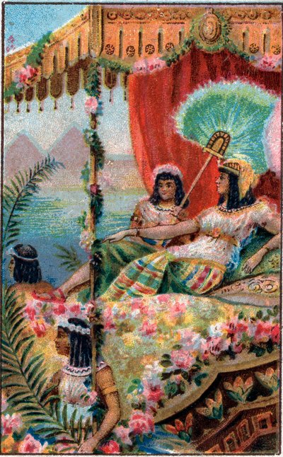 Cleopatre Cleopatre VII Thea Philopator (69-30 AC), Rainha do Antigo Egipto, com os seus servos - Cromolitografia do final do século XIX de Unknown artist