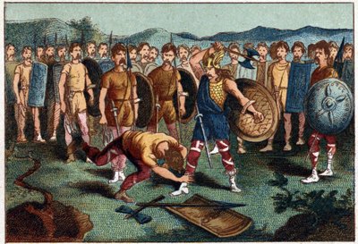 Clovis (465-511) e o guerreiro franco que quebrou o vaso de Soissons, em 486 - Clovis 1º a abater o soldado que tinha quebrado o vaso de Soissons, em 486. Cromolitografia do século XIX. de Unknown artist