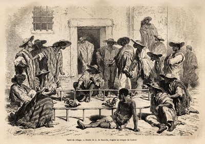 Luta de galos na aldeia de Marinilla (região de Magdalena, Colômbia), desporto muito popular, praticado numa pequena arena oblonga, montada no centro do pátio em frente às casas, os galos são treinados para lutar até à morte, e os apostadores e j de Unknown artist