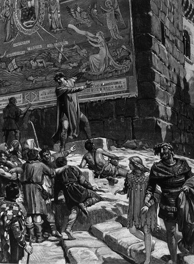 Cola di Rienzo (1314-1354), na campanha para se tornar uma tribuna do povo romano, explica ao povo de Roma os afrescos que tinha instalado no Capitólio simbolizando a agonia de Roma num mar decadente rodeado por Tróia, Jerusalém, Cartago e Ba de Unknown artist