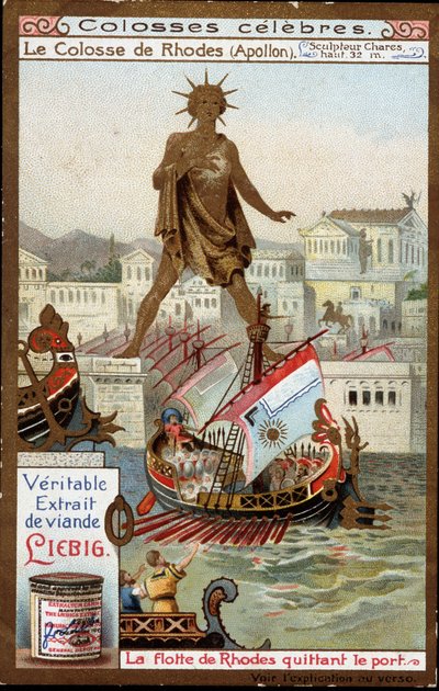 Colosso famoso: o Colosso de Rodes (Apolo, Helios) (32 metros de altura), o escultor Chares de Lindos (século IV a.C.); a frota de Rodes que sai do porto (Grécia) - Cromolitografia de Liebig de Unknown artist