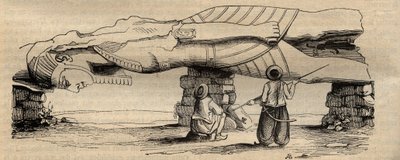 Colosso de Ramsés II encontrado em 1820, perto do portão sul do templo de Ptah localizado a cerca de trinta metros de distância, pelo viajante italiano Giovanni Battista Caviglia - gravura de 1838 - A Estátua de Ramsés II idescoberta em 1820 por Giovanni B de Unknown artist