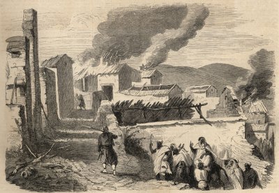 Conquete da Argélia: expedição à Grande Kabylia em 1857. Apresentação do Beni-Yenni (Beni Yenni) com base num desenho do Sr. Ameller, líder do batalhão na 1ª Zouave. Gravura em "Le Monde ilustre" de 1857. Colecção privada. de Unknown artist