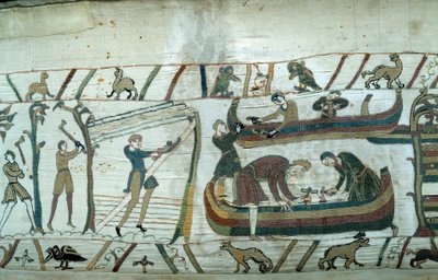 Conquete da Inglaterra pelo Duque da Normandia Guilherme o Conquistador (1027-1087): construção da frota normanda Detalhe da tapeçaria da Bayeux ou Bordado da Rainha Mathilde de Unknown artist