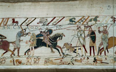 Conquete da Inglaterra pelo Duque da Normandia Guilherme o Conquistador (1027-1087) em 1066: os normandos massacram os exércitos saxões, o Rei Harold é morto por uma flecha encontrada no olho Detalhe da tapeçaria de Bayeux ou Bordado da Rainha Mathilde de Unknown artist