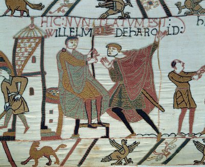 Conquete da Inglaterra pelo Duque da Normandia Guilherme o Conquistador (1027-1087) em 1066: um observador relata os fatos de Harold II a Guilherme na Batalha de Hastings Detalhe da Tapeçaria Bayeux ou Bordado da Rainha Mathilde de Unknown artist